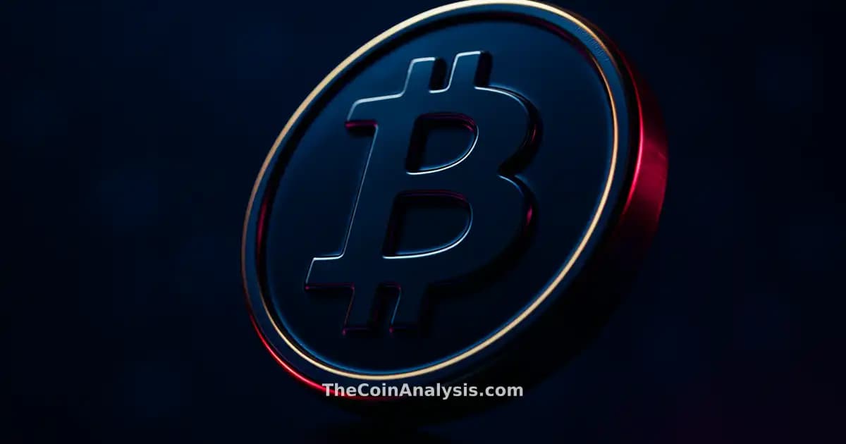 Pièce Bitcoin 3D brillante avec contour doré, éclairage dramatique bleu nuit et magenta sur fond flou marine.