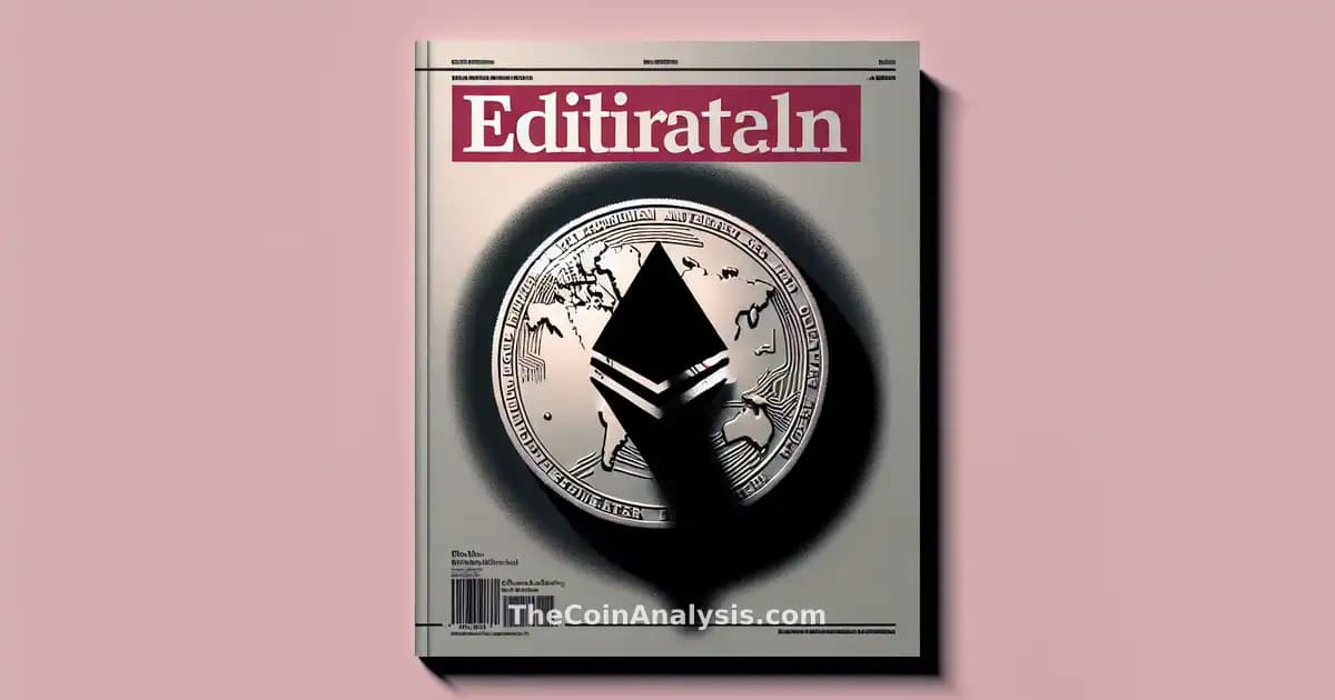 Illustration minimaliste d’une pièce Ethereum gelée, partiellement cachée par une silhouette sombre abstraite.