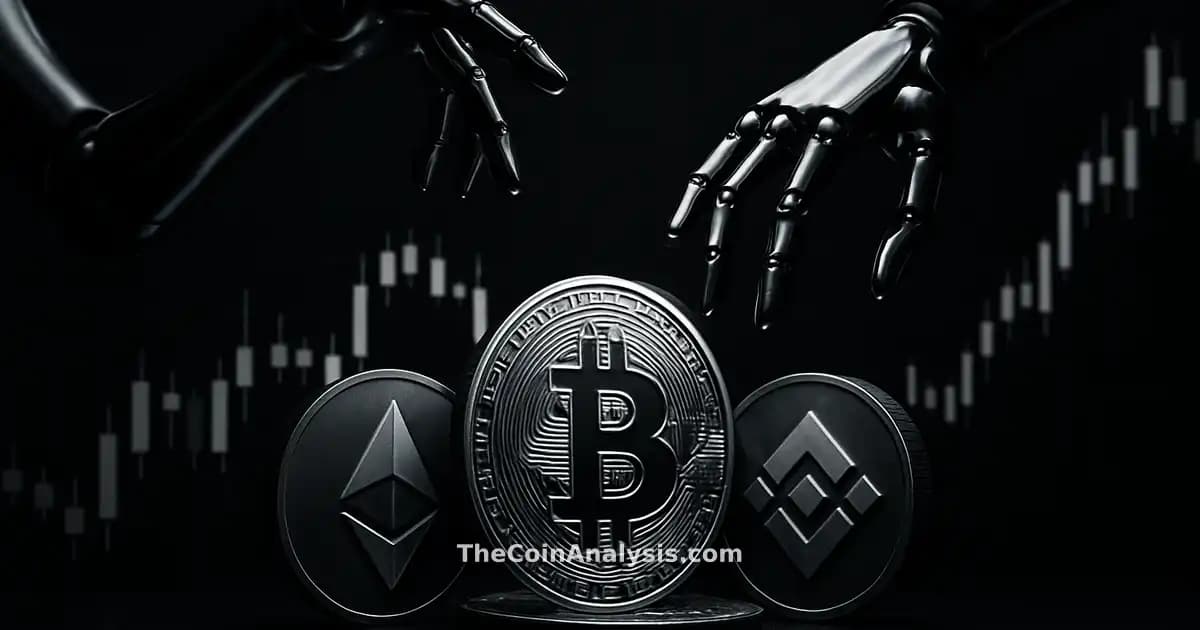 Bras robotiques brillants manipulant des pièces 3D de crypto-monnaie devant un graphique en chandelier dramatique.