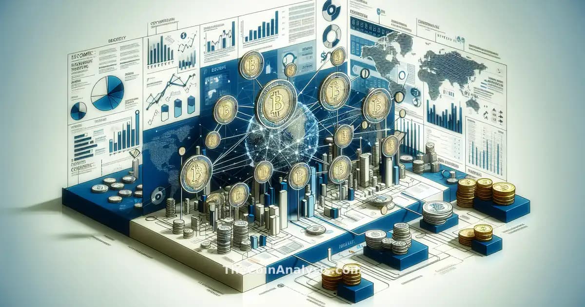 Infographie moderne montrant des jetons numériques, icônes financières mondiales et réseaux interconnectés transfrontaliers.