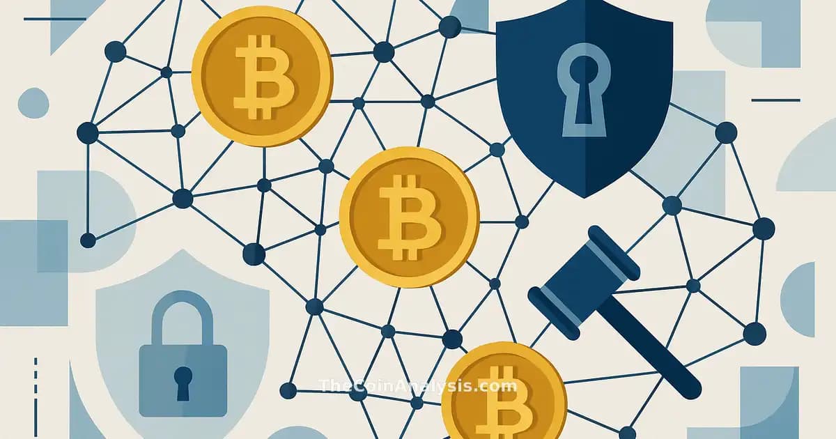Illustration numérique de pièces digitales, nœuds interconnectés et cadenas symbolisant sécurité crypto.