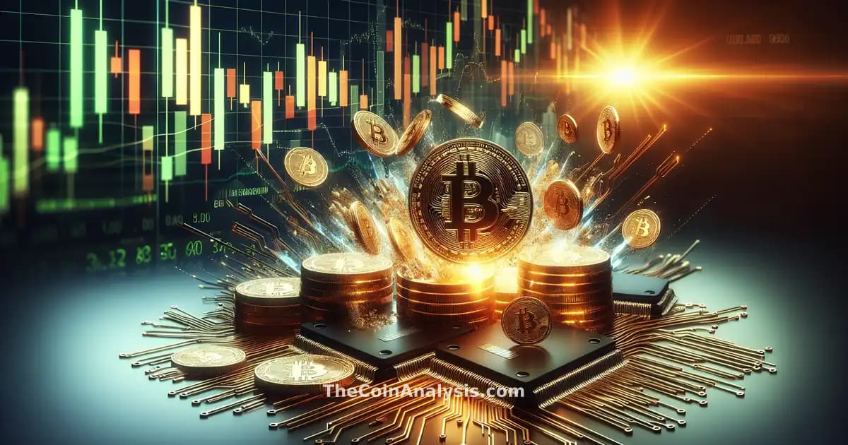 Pièces Bitcoin 3D brillantes entourées de microprocesseurs éclatant avec graphique chandelier en arrière-plan.