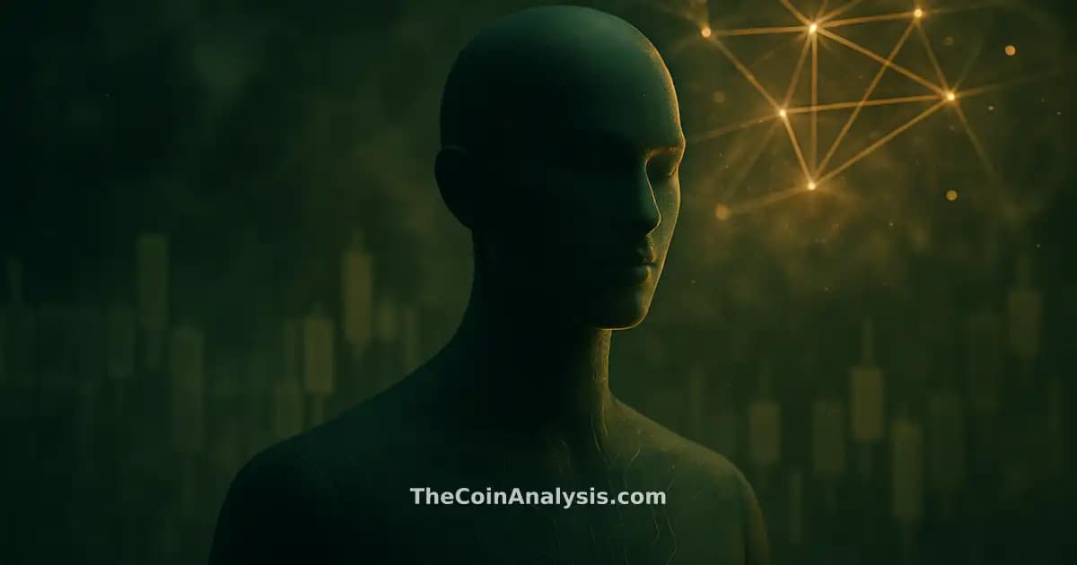 Agent IA stylisé avec motifs de circuits, entouré d’un trading floor abstrait aux tickers en verre dépoli.