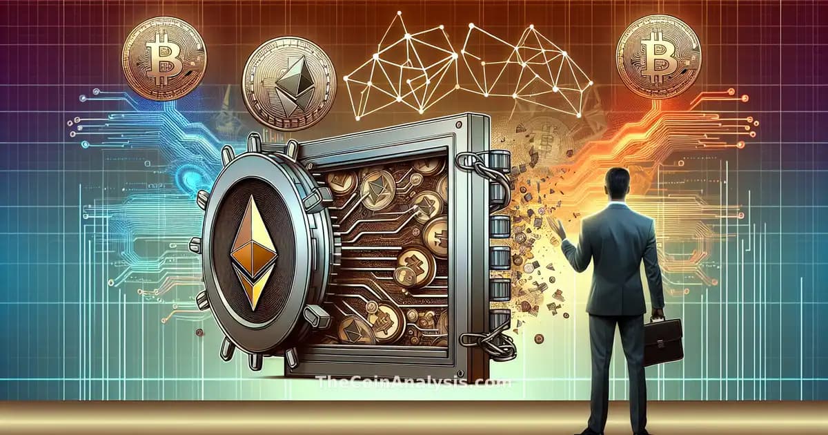 Illustration numérique d'un coffre-fort digital fracturé avec symboles Ether et chaînes blockchain se désagrégeant.