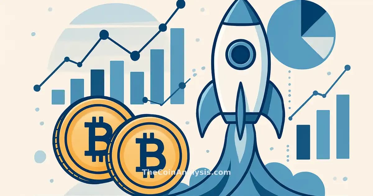 Infographie stylisée avec fusée, pièces Bitcoin numériques et graphiques de données interconnectés futuristes.
