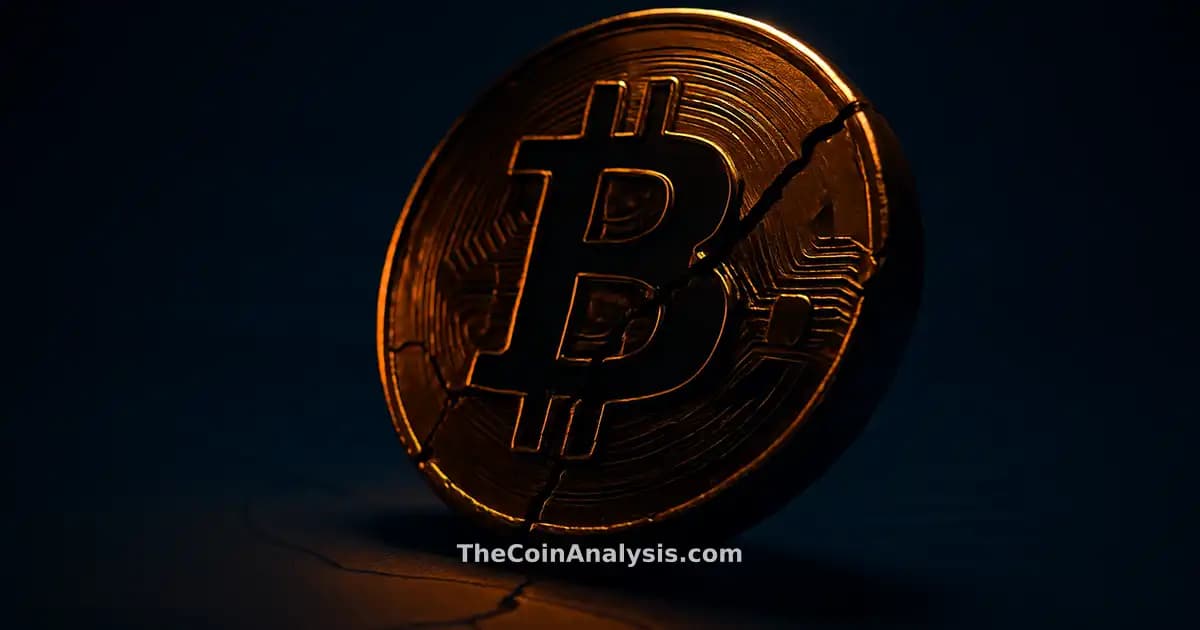 Grand Bitcoin stylisé fissuré et penché, éclairé d’un liseré doré sur fond bleu marine sombre et vague de choc.
