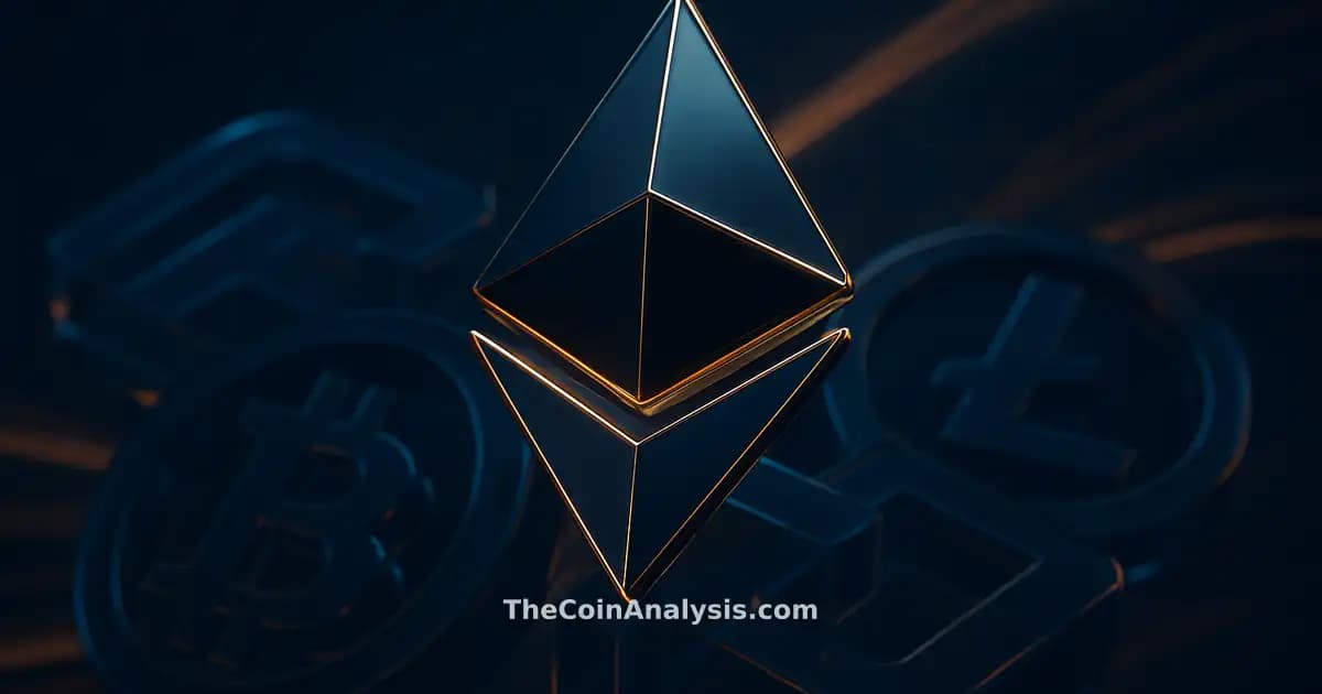 Symbole Ethereum stylisé brillant entouré de blocs translucides et rubans de données sur fond sombre hexagonal.