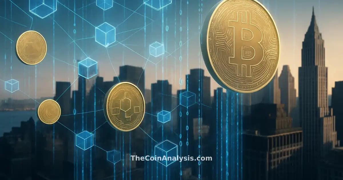 Illustration numérique montrant des pièces de crypto, réseaux blockchain et flux de données au-dessus de Wall Street.
