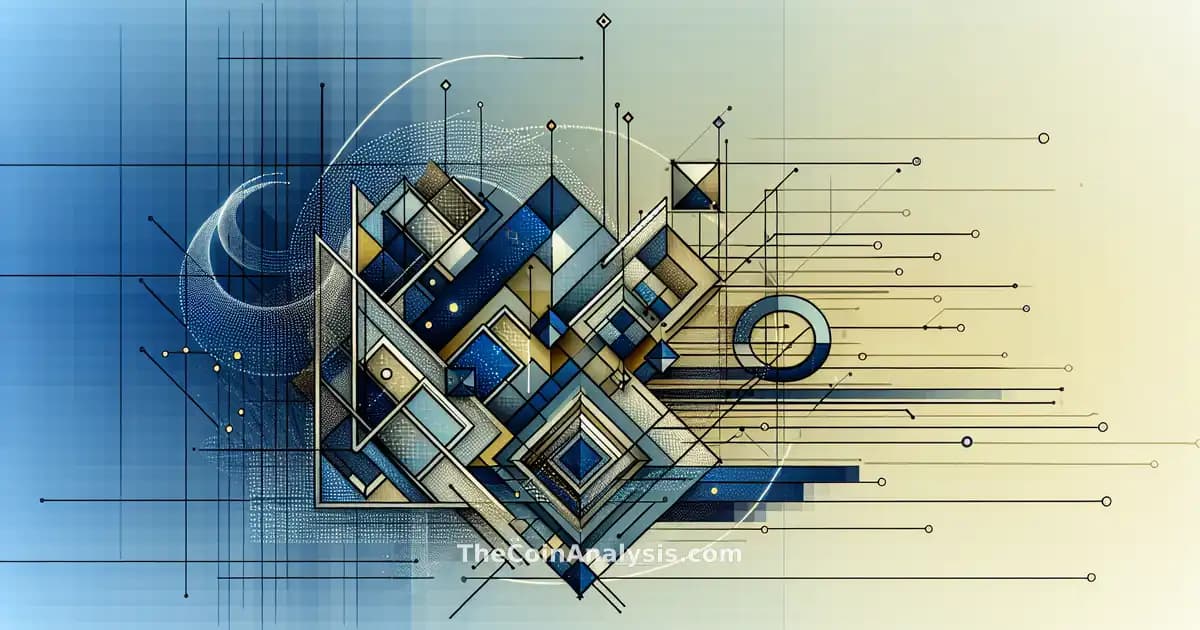 Formes géométriques abstraites en bleu, vert et or, lignes dynamiques symbolisant blockchain et DeFi en mouvement.
