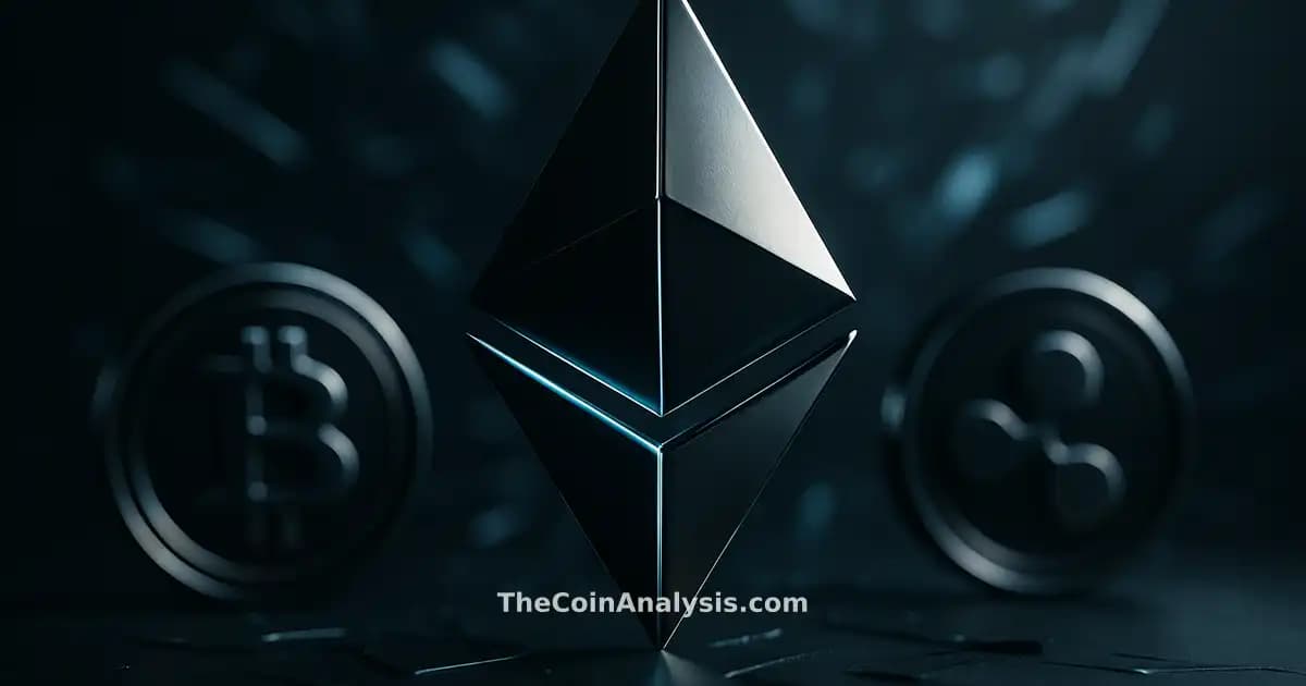 Glyphe Ethereum en 3D fendu en deux, lumières bleues, éclats digitaux sur fond sombre flou