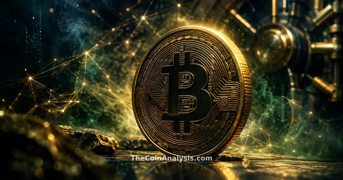Pièce Bitcoin stylisée éclairée d’un liseré doré, réseaux lumineux et fumée sur fond bleu nuit texturé coffre-fort.