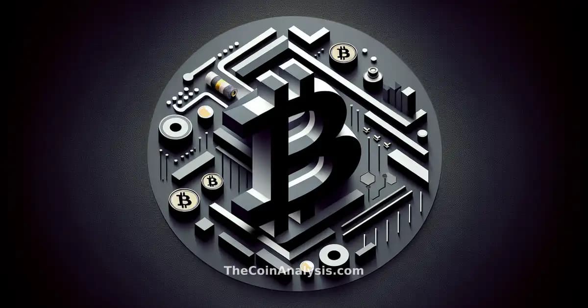 Graphique moderne avec formes géométriques audacieuses et grand symbole Bitcoin stylisé évoquant puissance financière.