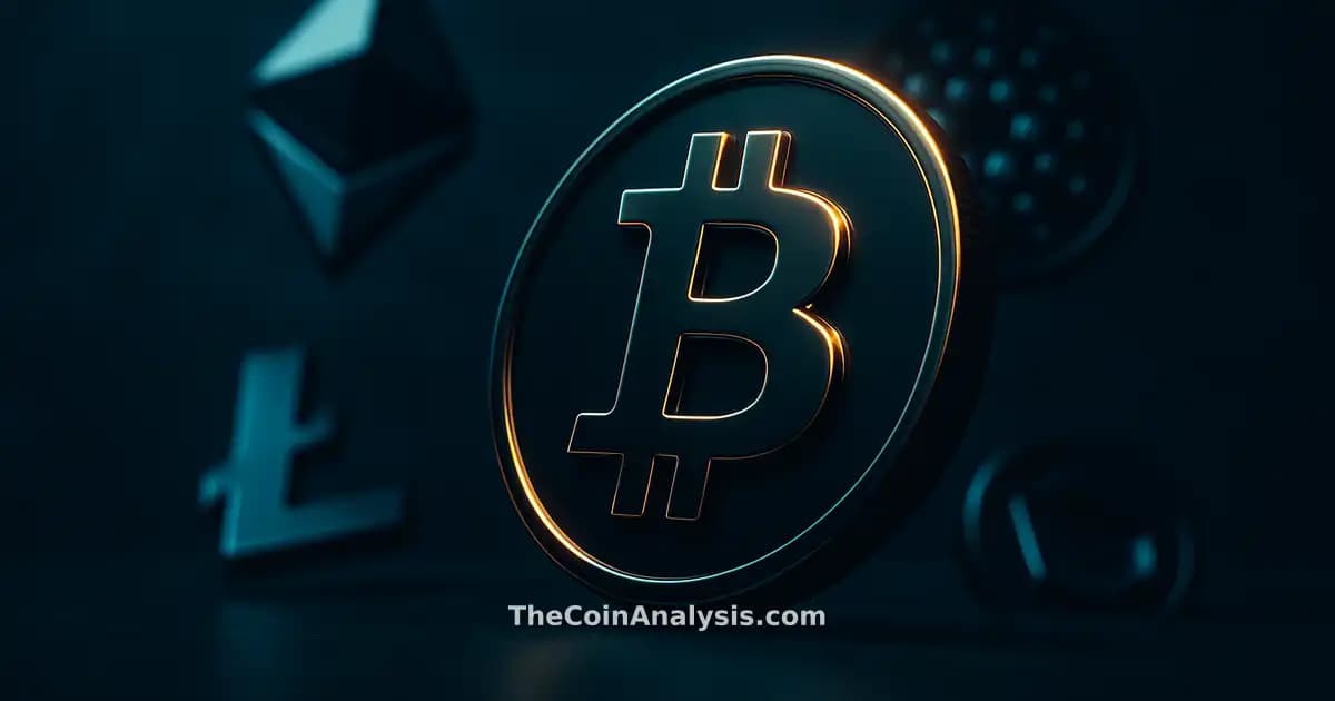 Pièce Bitcoin 3D brillante avec liseré doré sur fond bleu marine sombre, éclairage dramatique et flou artistique.