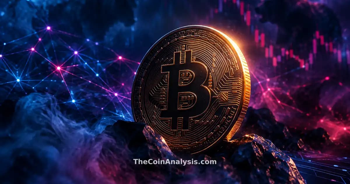 Pièce Bitcoin stylisée éclairée d’une lueur dorée sur fond bleu nuit avec motifs abstraits de circuits et fumée.