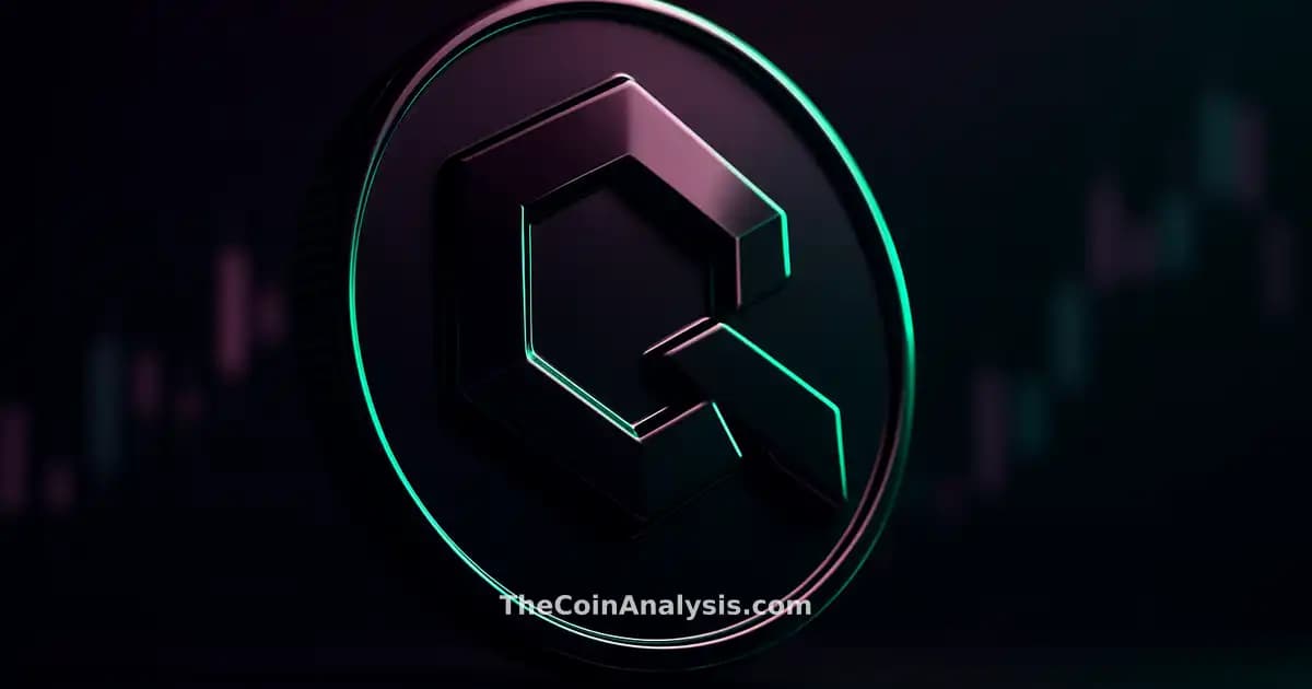 Glyphe 3D brillant du token Quant ($QNT) en lumière rasante, fond sombre avec chandeliers boursiers flous.
