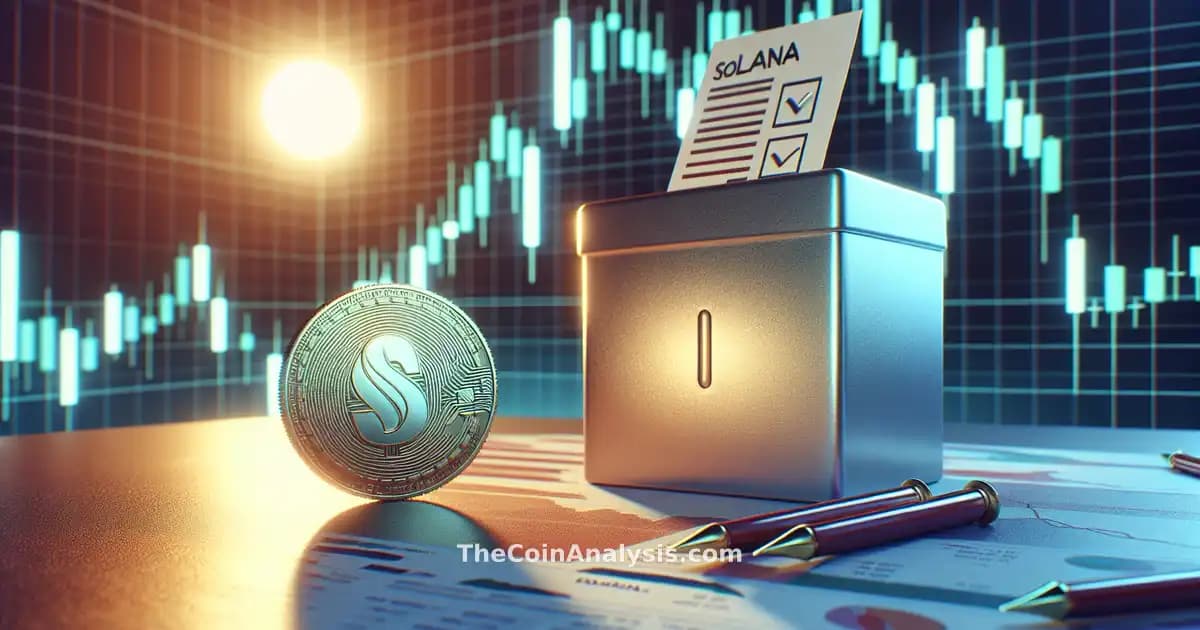 Pièce Solana 3D brillante devant une urne de vote, graphique chandelier boursier en arrière-plan flou.