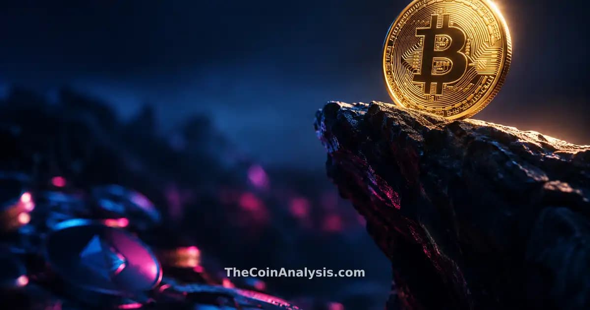 Pièce Bitcoin dorée brillante isolée sur fond bleu nuit, éclairage dramatique soulignant sa séparation.