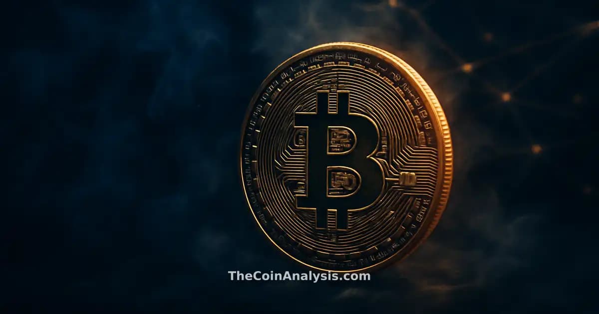 Pièce de Bitcoin stylisée éclairée d’un liseré doré, entourée de fumée tourbillonnante sur fond bleu nuit.