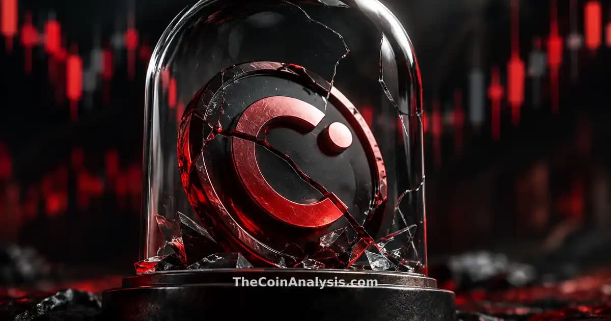 Glyphe 3D brillant du token Celsius brisé sous verre, éclairage dramatique, chandeliers boursiers flous en arrière-plan.
