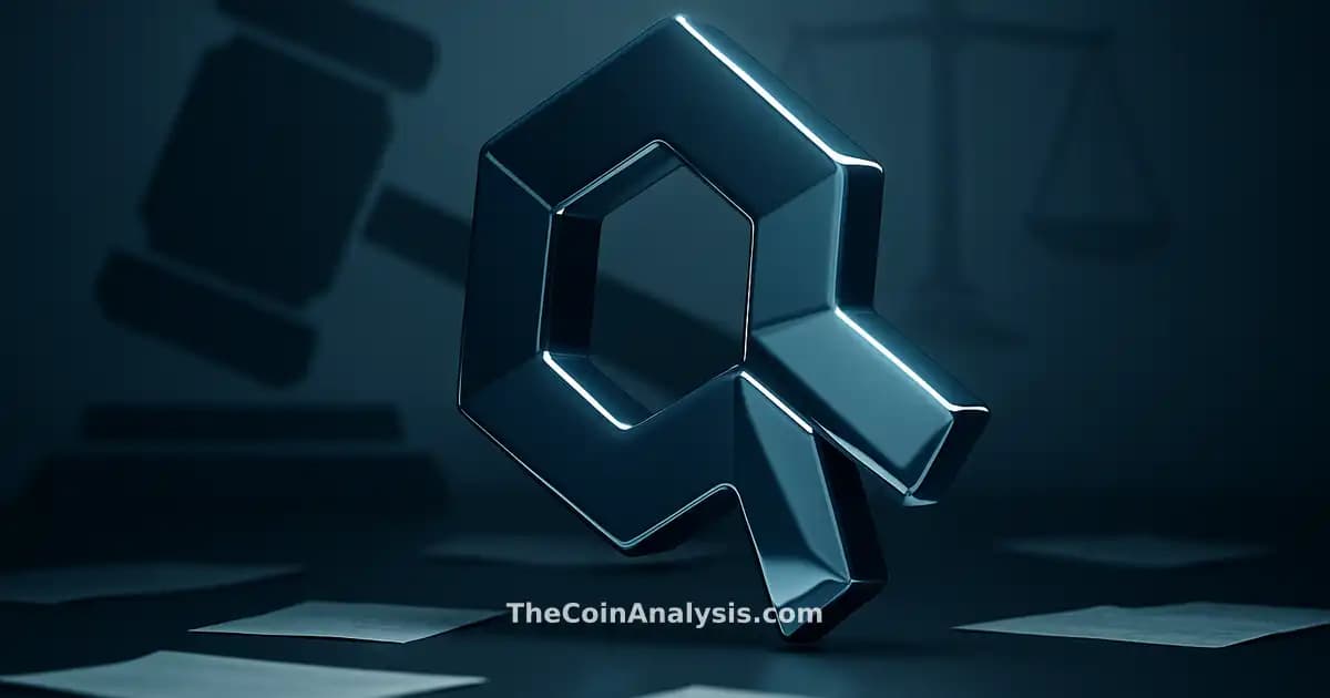 Symbole Quant 3D brillant avec marteau géométrique et balances de justice floues sur fond gris et bleu glacé.