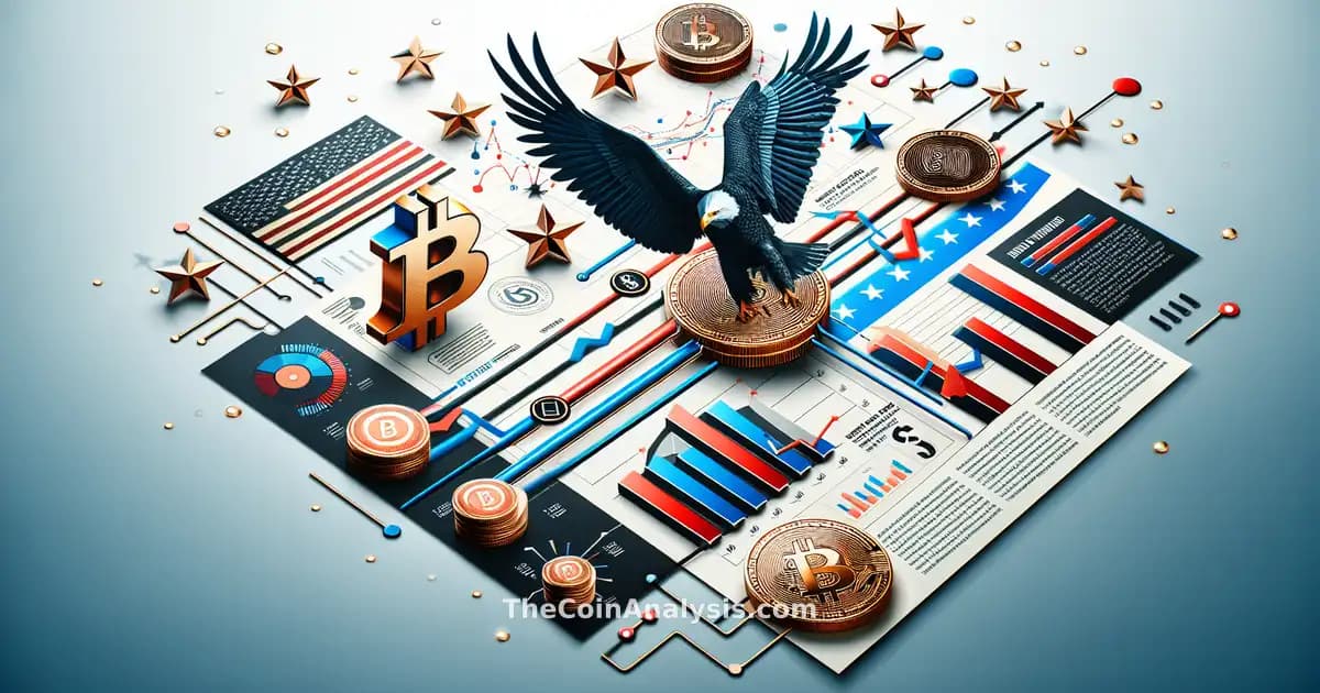 Infographie moderne montrant une pièce Bitcoin au-dessus de graphiques de puissance minière et cours boursier US en hausse