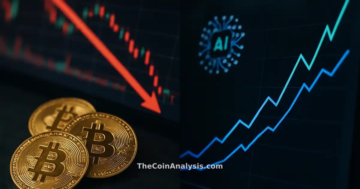 Pièces de Bitcoin en déclin devant des graphiques boursiers numériques en chute, face à des courbes AI en hausse.