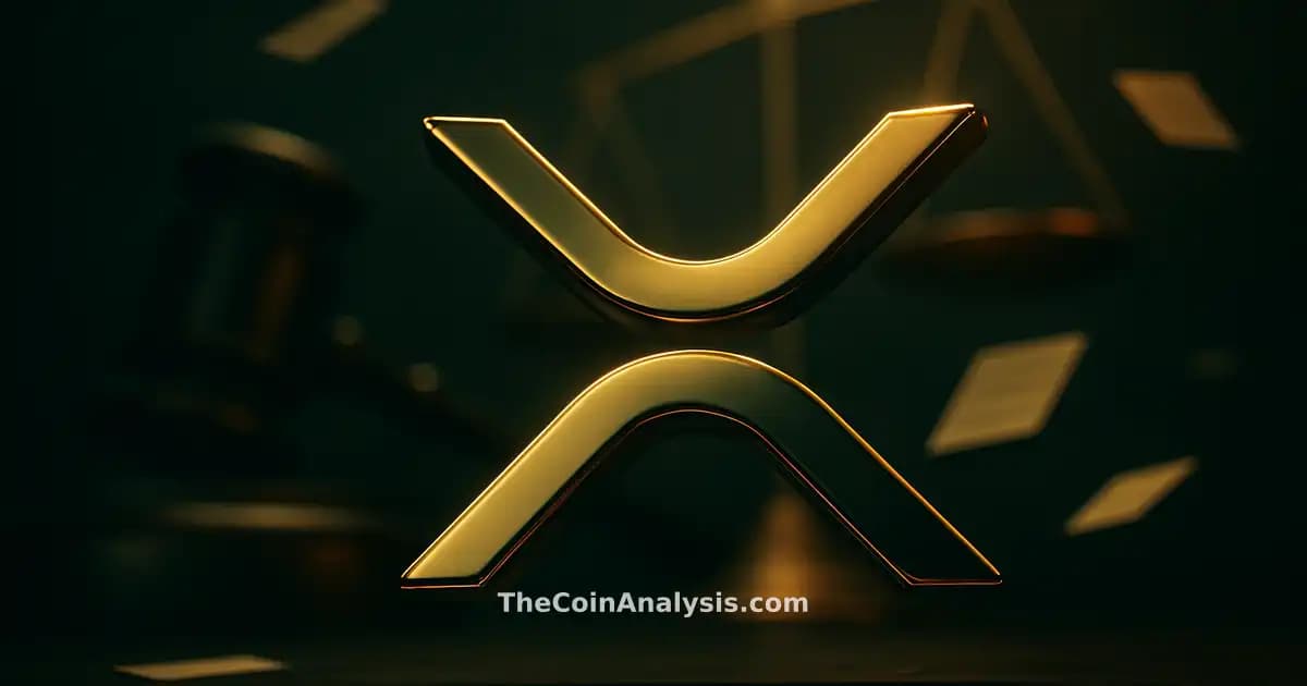 Symbole 3D brillant de XRP sous éclairage dramatique, avec marteau, balances et documents flottants en arrière-plan.