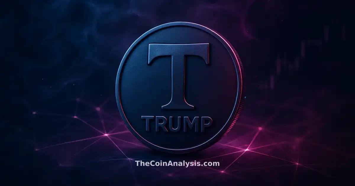 Symbole TRUMP stylisé lumineux sur fond bleu nuit et magenta, filaments réseau et bougies de marché abstraites.