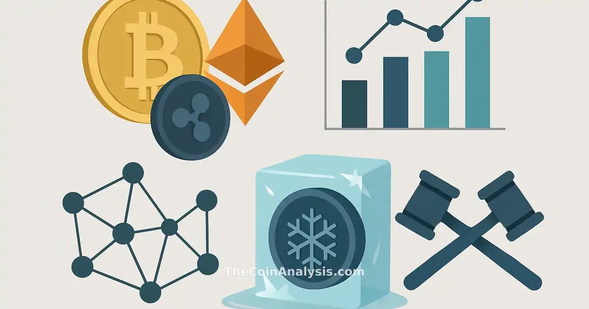 Illustration moderne montrant des pièces cryptos abstraites, graphiques de données, nœuds réseau et symbole de gel d'actifs.