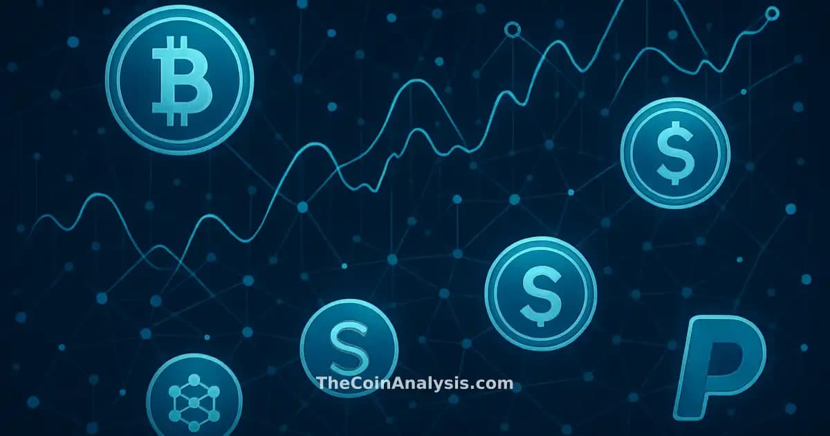 Réseau numérique de pièces crypto, graphiques dynamiques et nœuds de données illustrant systèmes de paiement.