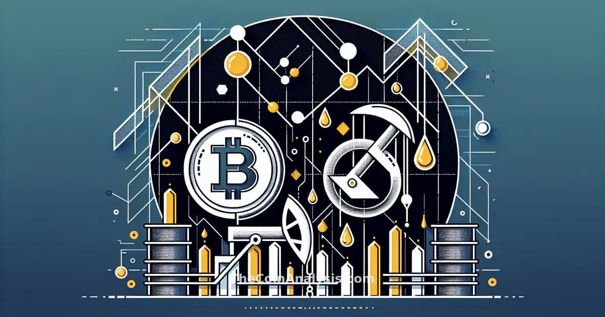 Formes géométriques abstraites de Bitcoin et pétrole croisées par des lignes vives illustrant tensions marchés.
