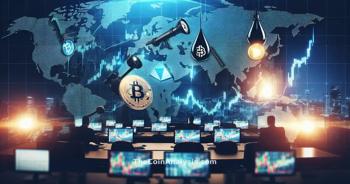 Illustration numérique montrant un Bitcoin et une goutte de pétrole sur une carte du Moyen-Orient avec des graphiques boursiers fluctuants.