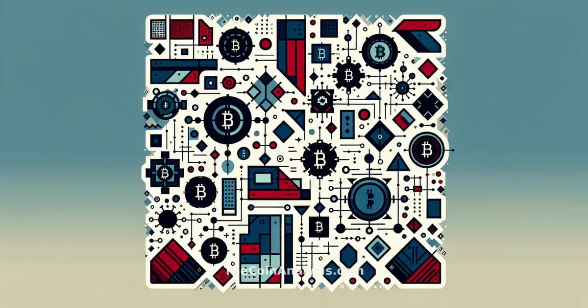 Formes géométriques abstraites en bleu et rouge avec pièces de monnaie fragmentées et symboles d’alerte numériques.