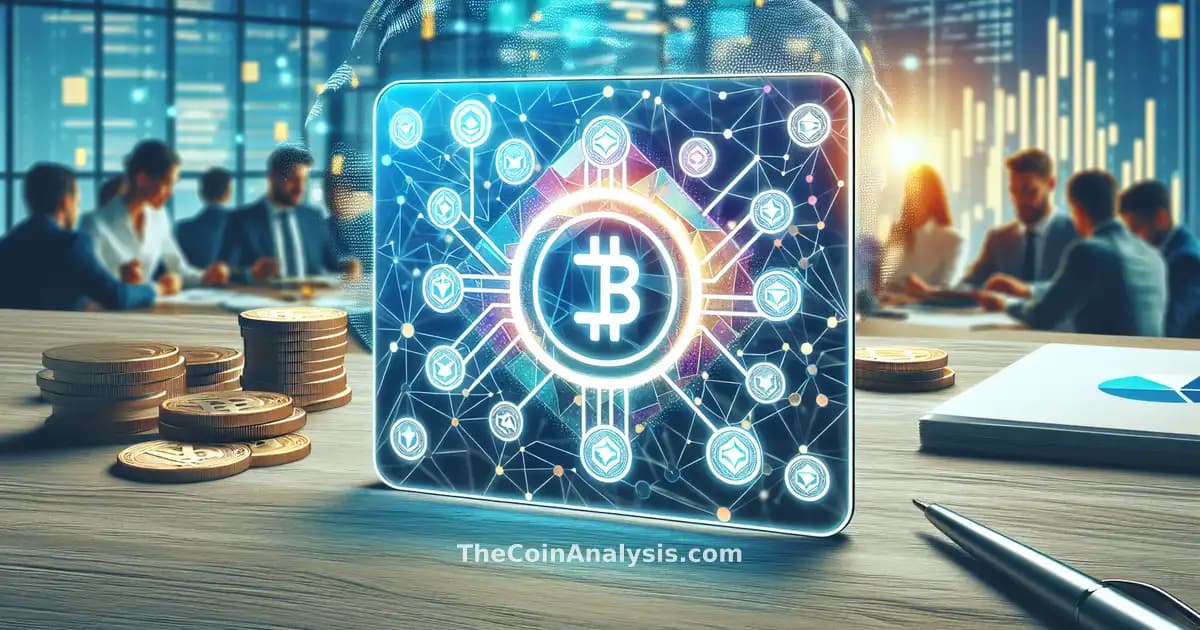 Carte en verre montrant le logo BlackRock fusionnant avec le symbole Uniswap, pièces numériques et icônes DeFi lumineuses.