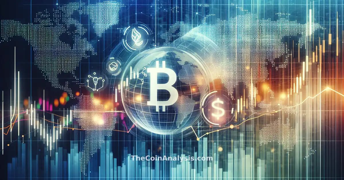 Illustration numérique avec icônes Bitcoin et pétrole sur fond dégradé, graphiques de marché et motifs géopolitiques.