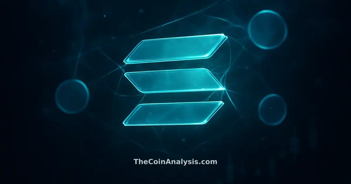 Glyph Solana en verre lumineux entouré de filaments réseau, particules lumineuses et formes de stablecoins flottants