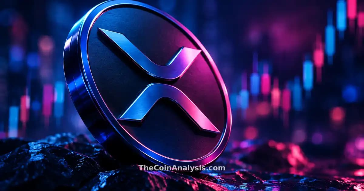 Jeton XRP 3D brillant en bleu nuit et magenta, éclairage dramatique, arrière-plan flou avec chandeliers boursiers.