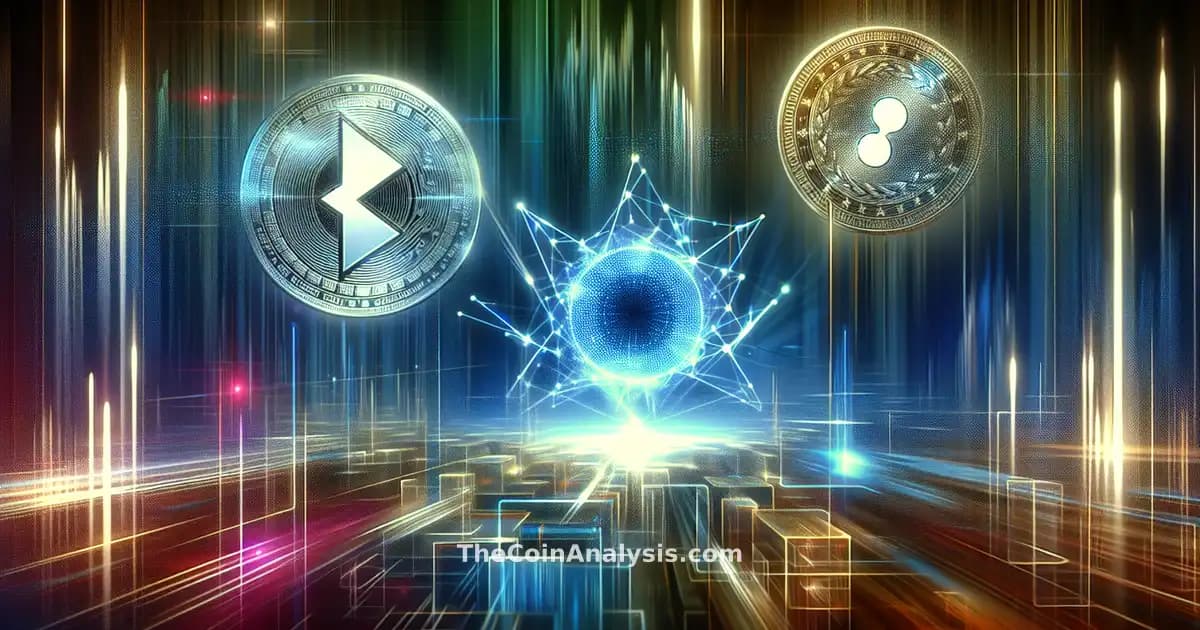 Formes abstraites dynamiques et motifs digitaux aux couleurs vives illustrant XRP, Algorand et Aptos face à une menace quantique.