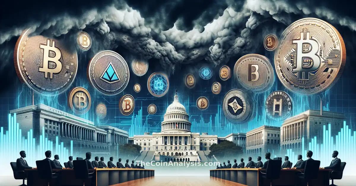 Stormy clouds looming over digital coins and government buildings with lightning, symbolizing crypto regulation challenges