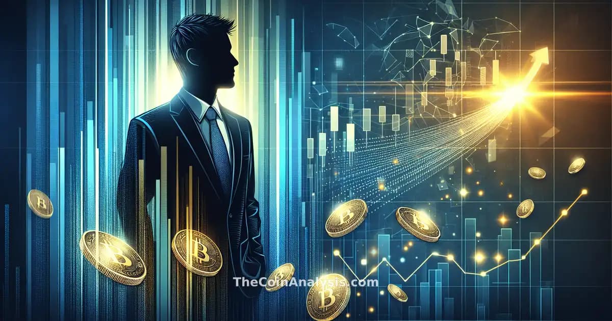 Suited male silhouette spotlighted against tech gradient with abstract crypto coins and fluctuating line graph