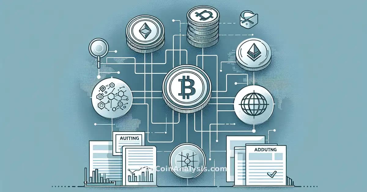 Infographic showing Tether coins linked to auditing documents and Big Four firm logos symbolizing transparency.