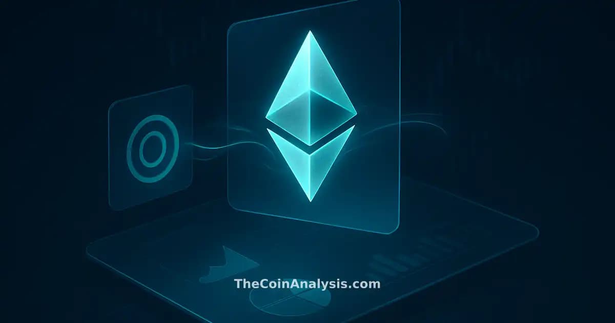 Illustration isométrique d’un symbole Ethereum cristallin lumineux fusionnant avec le glyph ONE, flux énergétique abstrait.