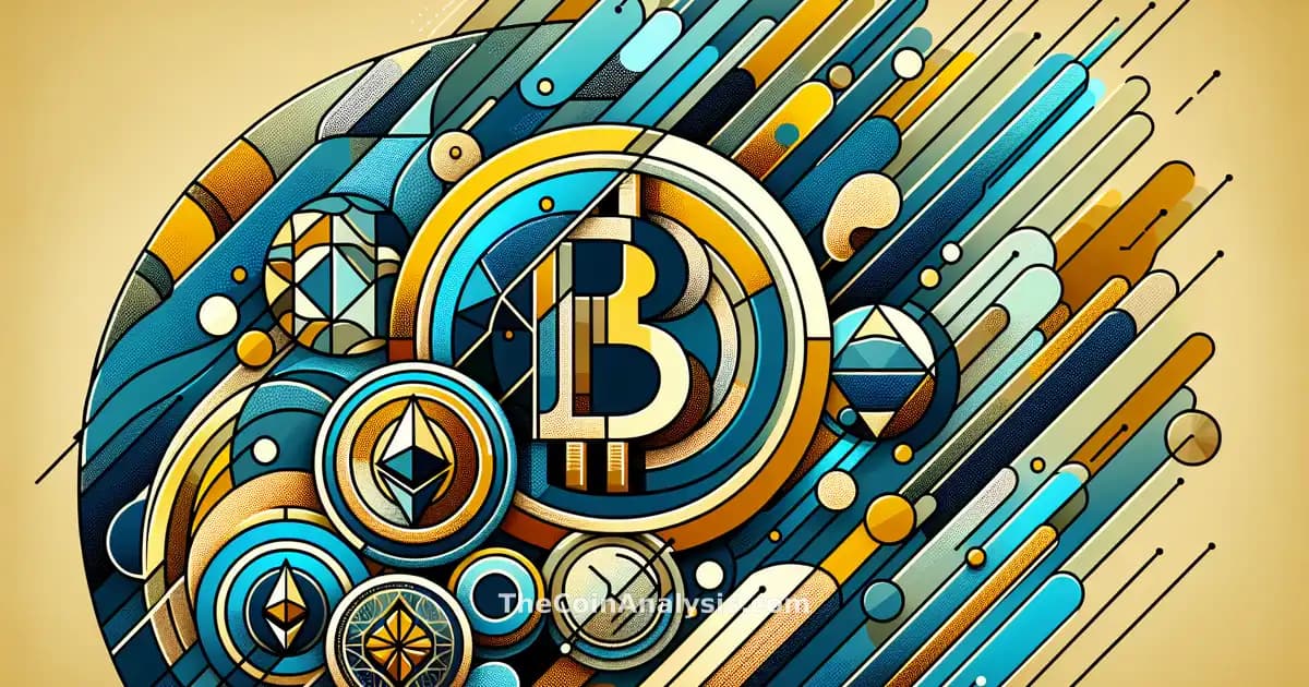 Abstract geometric shapes in blue, gold, and silver symbolizing Bitcoin, Ethereum, and Cronos coins with a tech vibe