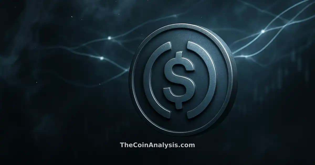 Stylized USD Coin glyph glowing amid smoky blue-grey abstract network filaments and faint market candle shapes