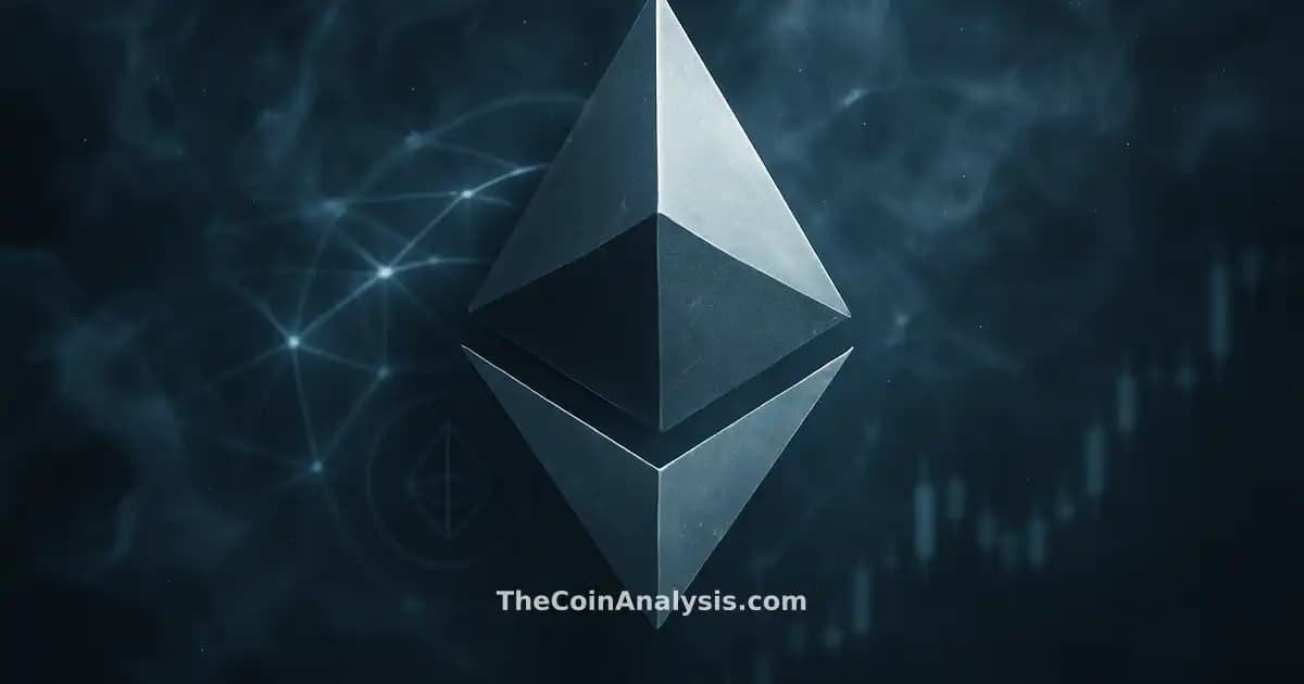 Ethereal glowing Ethereum symbol with floating token glyph and abstract market candles in moody slate grey and ice blue atmosphere