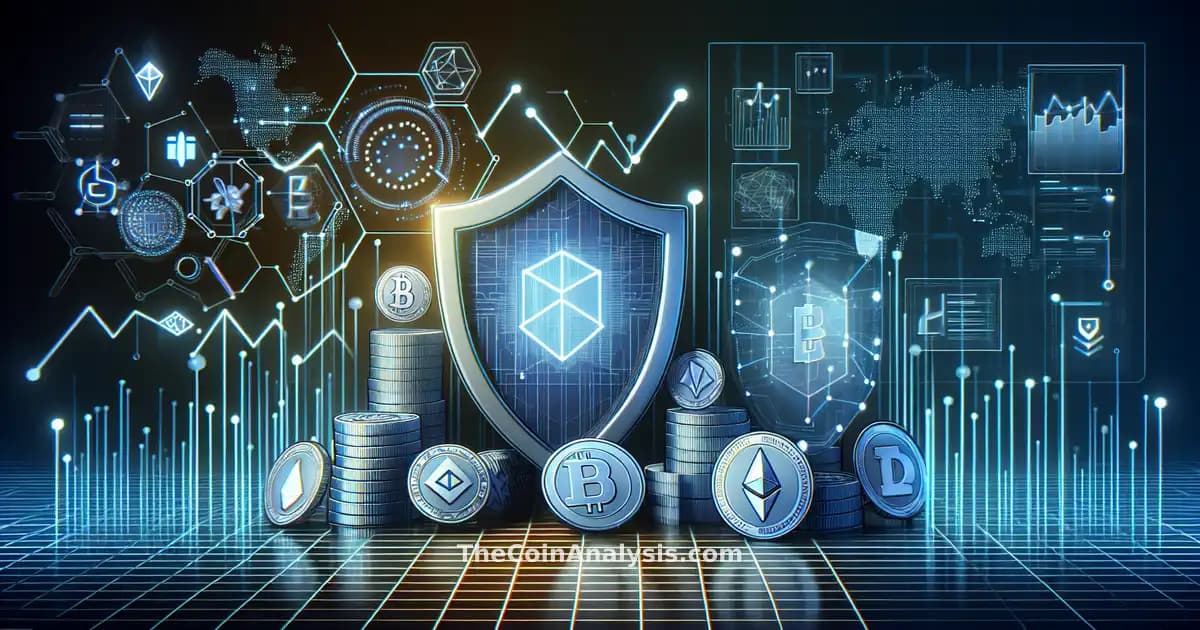 Bouclier numérique protégeant des tokens avec nœuds réseau, logos DeFi et graphiques de fluctuations financières.