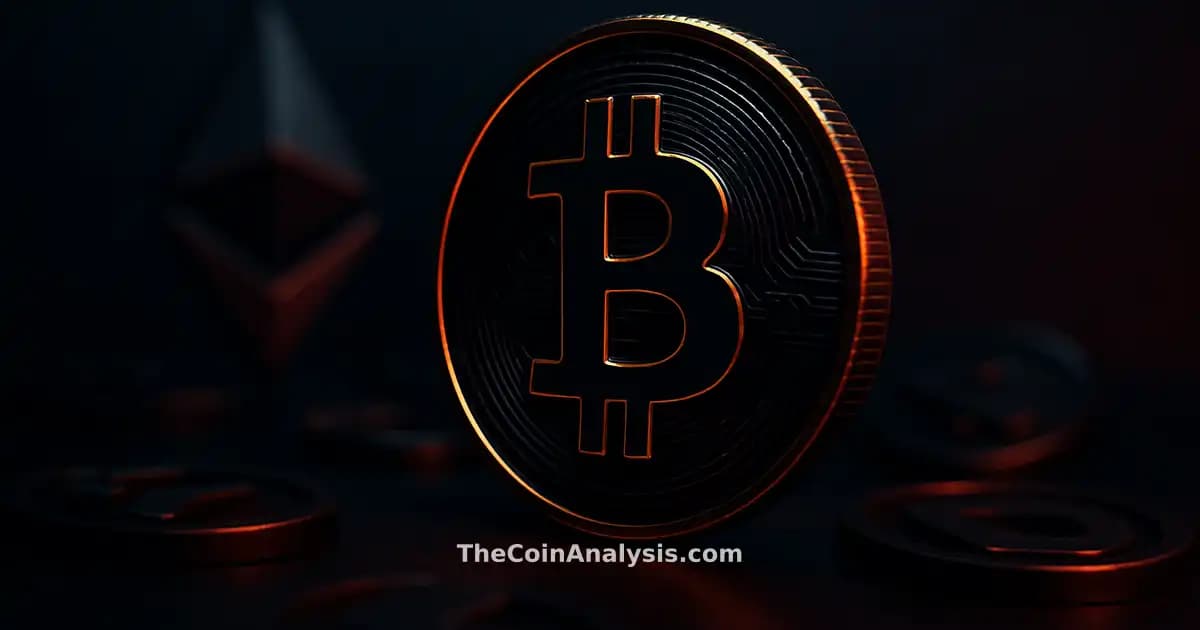 Pièce Bitcoin stylisée en 3D avec éclairage doré sur fond marine sombre, ambiance dramatique et flou artistique.