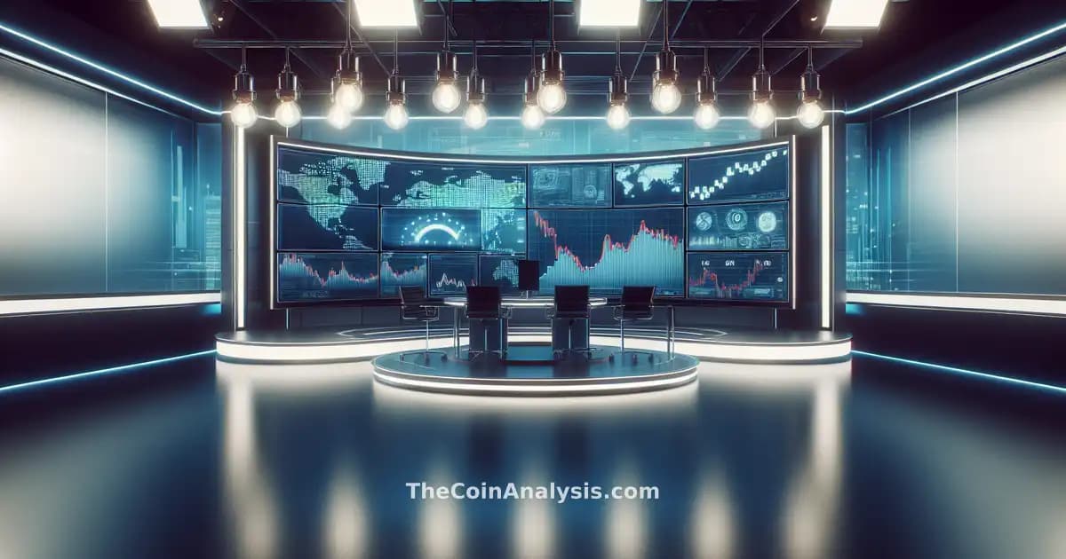 Professional news studio with digital screens showing declining cryptocurrency charts and stacked oil barrels.