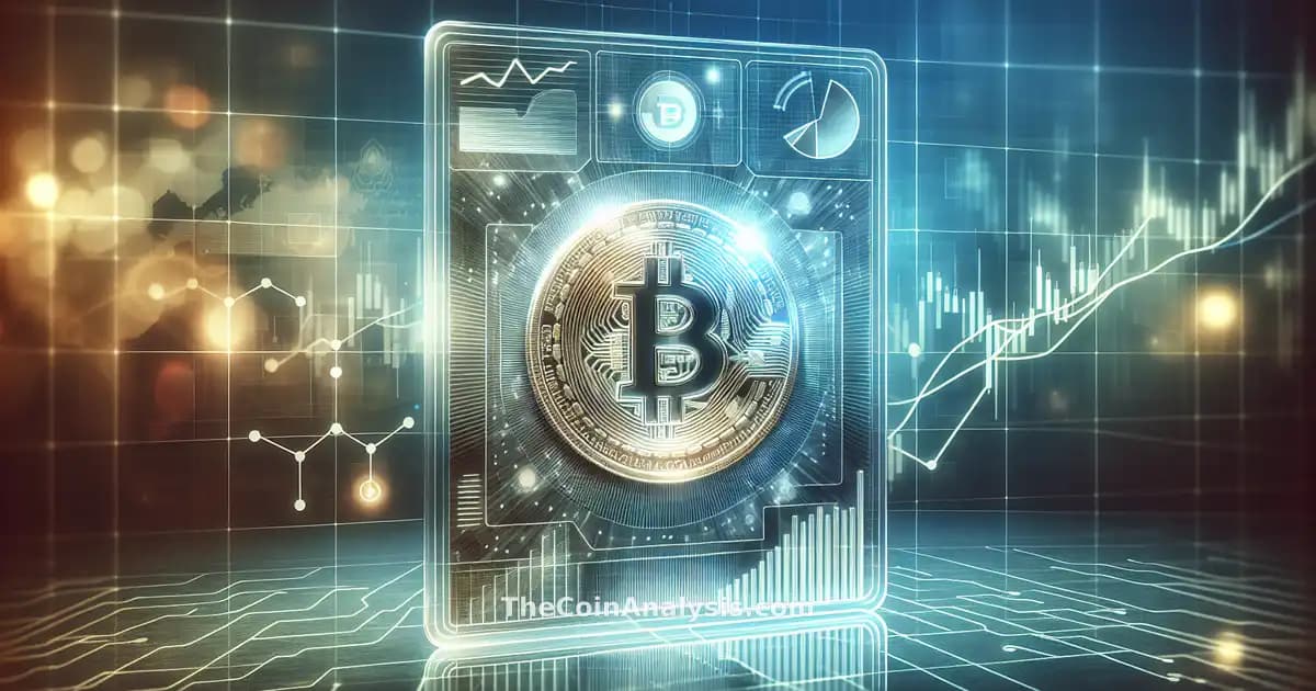 Glowing Bitcoin coin with digital charts and dynamic market lines on a blurred modern glassmorphism card background