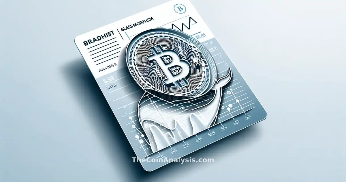 Stylized Bitcoin coin with downward stock charts and translucent whale shadows on glassmorphism card background